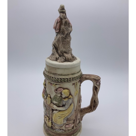 Vintage Ceramic Relief Pub Scene Hunter/Dog with 3D Lid- Beer Stein, Signed Kim - Picture 9 of 12